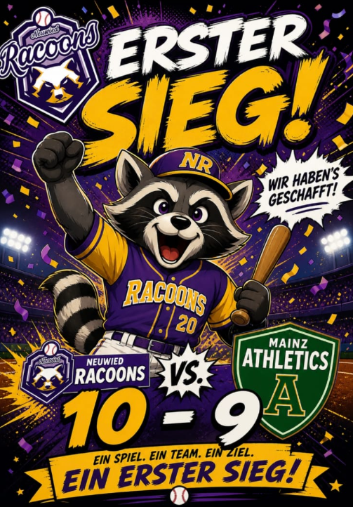 Plakat zum ersten Sieg der Neuwied Racoons: 10:9 gegen Mainz Athletics am 3. Mai 2026 in Worms